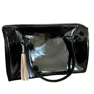 June NWT Classic Black Patent Leather Satchel Handbag w/ Pink Interior